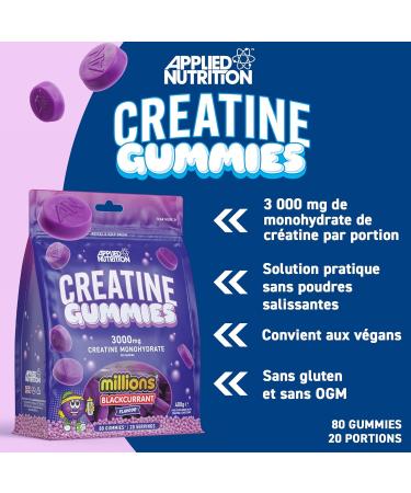 Applied Nutrition Creatine Monohydrate Gummies - 3000mg per Serving - 80 Vegan Chewable Candies for Strength Power and Recovery (20 Servings) (Pack of 1 Millions Blackcurrant) - Buy Online on GoSupps.com
