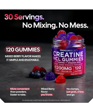 Creatine HCL Gummies for Women & Men - 120 Gummies 6200mg HCL Creatine Chews Advanced Complex with L-Taurine + Vitamin B12 for Muscle Strength, Energy Boost & Booty Gain Gummy - Mixed Berry Flavor - Buy Online on GoSupps.com