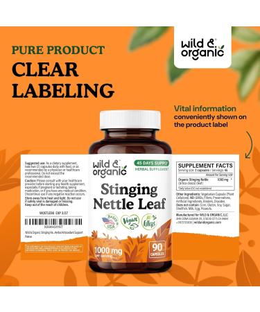 Wild & Organic Stinging Nettle Leaf Capsules - 1000 mg Stinging Nettle Extract for Urinary Support - 90 Vegan Herb Capsules - 45 Days Supply - Non-GMO Gluten-Free No Fillers 90 Count (Pack of 1) - Buy Online on GoSupps.com
