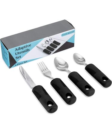 Adaptive Utensils 4-Piece Kitchen Set for Hand Tremors, Arthritis, Parkinson's and Elderly | Non-Weighted, Non-Slip Handles | Stainless Steel Knife, Fork, Spoons (Black) - Buy Online on GoSupps.com