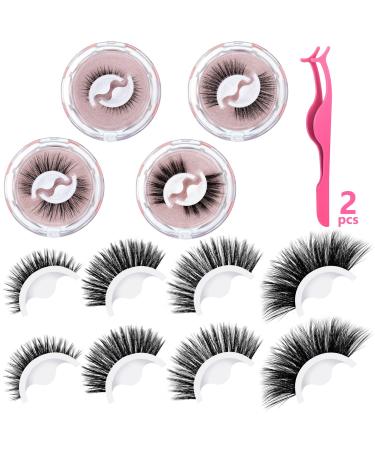 Reusable Self Adhesive Eyelashes No Glue or Eyeliner Needed Easy to Put On, Stable Non Slip Waterproof False Lashes with 2 Eyelash Tweezers Thoughtful Gift for Women Makeup, 4 Pairs (Regular Style)