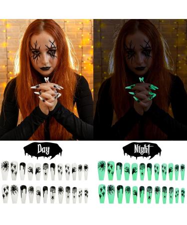 144 Pieces Halloween Glow in The Dark Press on Nails - Luminous Coffin Nails with Glue | Spider Web Design for Women & Girls - Perfect for Halloween Party Decor - Buy Online on GoSupps.com