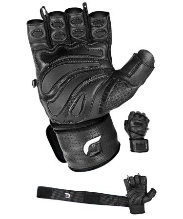 Elite Leather Gym Gloves with Built in 2" Wide Wrist Wraps Grip & Design for Weightlifting Power Lifting Bodybuilding & Strength Training Workout Exercises Black X-Large