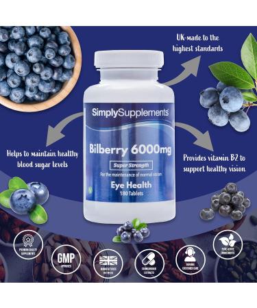 Bilberry Extract Tablets - 6000mg | 180 Tablets | Vegan | Vitamin B2 | Healthy Sight & Vision | UK Made - Buy Online on GoSupps.com