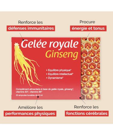 Laboratoire NaturAvignon Royal Jelly Ginseng Ampoules | Vitality Immunity Intellectual Vivacity | Royal Jelly 1000mg Ginseng 1800mg Vitamins B3 B6 | Made in France | 20 Ampoules (10 Days) - Buy Online on GoSupps.com