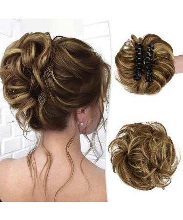 Claw Clip Messy Bun Hair Piece 100% Real Human Hair Buns Wavy Curly Chignon Hair Bun Extensions Tousled Updo Hair Buns Claw Clip Ponytail Hairpieces Hair Scrunchie with Clip for Women(Chocolate Brown with Light Golden Blonde Highlights 1) 1 Count (Pack of