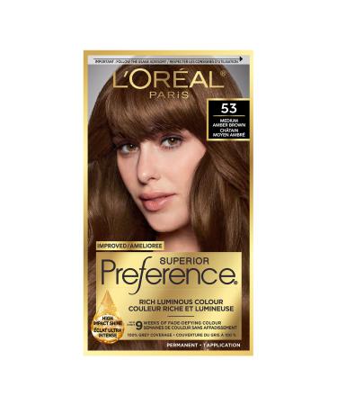 L Or al Paris Superior Preference 9 weeks of Luminous Fade-Defying Permanent Hair Dye 53 Medium Amber Brown 100% Grey Coverage 1 Hair Dye Kit (Packaging May Vary) 1 Count ( Pack Of 1 ) Medium Amber Brown