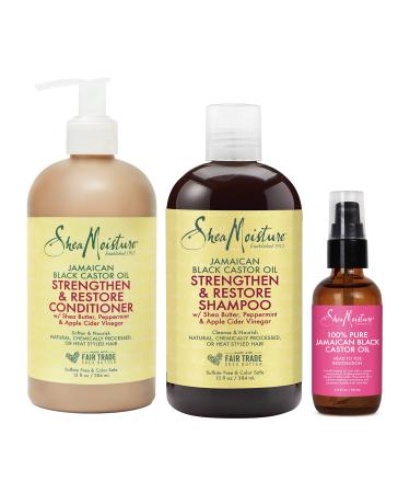 SheaMoisture Strengthen and Restore Shampoo Conditioner and Body Care Oil Set for Dry Skin and Hair - Jamaican Black Castor Oil with Shea Butter