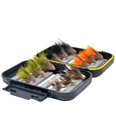 Outdoor Planet Go-to Dry Fly, Wet Fly, Nymph and Streamer Fly Lure Assotment + Waterproof Fly Box for Trout Fly Fishing Flies 12 Muddler Minnow + Black Waterproof Box