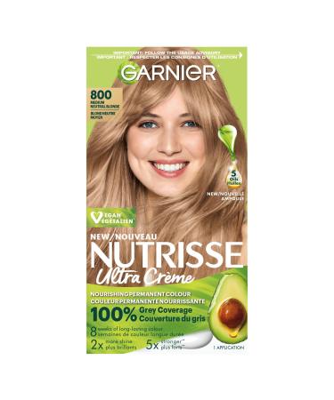 Garnier Nutrisse Ultra Cr me Permanent Hair Dye 100% Grey Coverage Vegan Formula Nourished Hair Long-Lasting Rich Colour 800 Medium Neutral Blonde 1 Application Packaging May Vary BLONDE SHADES 800 Medium Natural Blonde