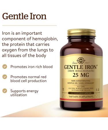 Solgar Gentle Iron 240 Vegetable Capsules - Non-Constipating Red Blood Cell Supplement - Non GMO, Vegan, Gluten & Dairy Free - Kosher - 240 Servings - Buy Online on GoSupps.com