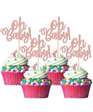 36 Pack Oh Baby Cupcake Toppers Glitter Baby Shower Cupcake Picks for Baby Shower Kids Gender Reveal Theme Party Cake Decorations Supplies Rosegold 1-rose Gold