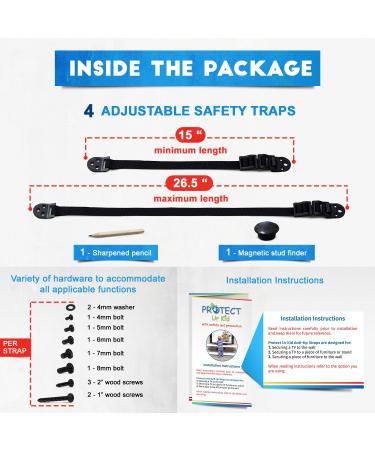 Anti Tip Furniture Anchor & TV Straps w/Ultra-Strong Mounting Hardware & Safety Stud Finder Locks-in Heavy Objects for Instant Earthquake  Child & Baby Proofing (Black  4 Straps + Stud Finder) - Buy Online on GoSupps.com