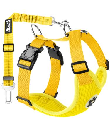 Slowton dog harness with seat belt for car double-lying breathable latex network tissue puppy dishes regular safety harness dog for all everyday sports (yellow m) m yellow