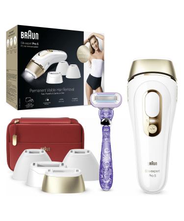 Braun IPL Silk-Expert Pro 5 Visible Hair Removal With Pouch 1 Wide & 2 Precision Heads & Venus Razor Alternative For Laser Hair Removal PL5387 White/Gold IPL 5387