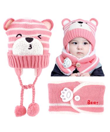 GLAITC Baby Caps Winter 46-50cm Baby Hats Newborn with Scarf Warm & Soft Beanie Hats Toddler Hats Boys Baby Girl Winter Caps Toddler Winter Hat Knitted Hats for Autumn Winter Unisex 6-24 Months One Size Pink