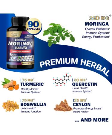 Organic Cadane Moringa Leaf with Turmeric Boswellia Quercetin Ceylon Cinnamon Holy Basil Ginger and Black Pepper - 8in1 Supplements - 90 Veggie Capsules for 3-Month Supply - Buy Online on GoSupps.com