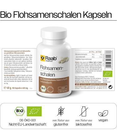 Raab Vitalfood Organic Psyllium Husks 100 Capsules | Bio Vegan Gluten-Free Lactose-Free | 83% Vegetable Fiber | Premium Psyllium for Digestive Health - Buy Online on GoSupps.com