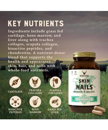 Heart & Soil 100% Grass Fed & Finished Hair Skin and Nails Supplement from Regenerative Cattle with Cartilage, Liver, & Bone Marrow 3000mg Beef Organs for Women & Men Glass Bottle 180 Capsules Skin, Hair & Nails - Buy Online on GoSupps.com