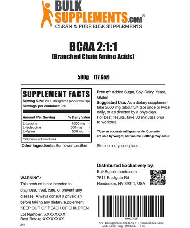 BulkSupplements BCAA 2:1:1 Powder - Vegan & Unflavored - Pre-Workout Amino Acid Supplement - 500g (1.1 lbs) - Buy Online on GoSupps.com