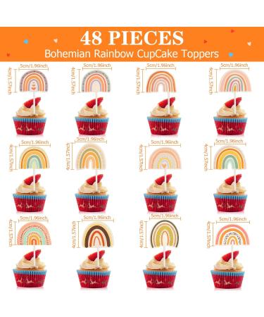 48 Pieces Boho Rainbow Cake Topper Boho Cupcake Topper Bohemian Theme Rainbow Cupcake Toppers for Girls Baby Shower Birthday Boho Rainbow Party Decoration Supplies - Buy Online on GoSupps.com