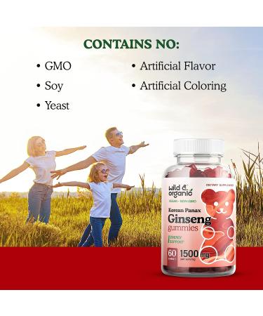 Wild & Organic Korean Panax Red Ginseng Gummies - Energy & Brain Supplements - Memory, Mental Focus, Mood Boost - Vegan 1500mg 60 Chews - Buy Online on GoSupps.com