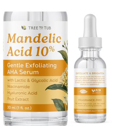 Tree To Tub Mandelic Acid Serum - 10% Gentle Exfoliating AHA Serum - Mandelic Serum w/Lactic & Glycolic Acid for Smoother Skin - Hyaluronic Acid to Hydrate - Vegan Skincare for Men & Women Fragrance Free