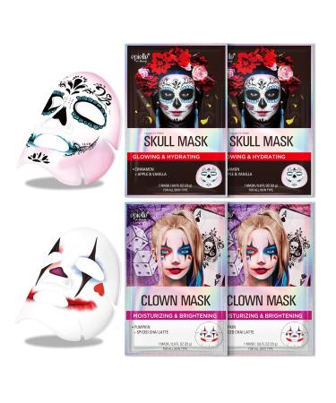 Epielle Halloween Character Sheet Masks - Clown Mask Skull Mask - Korean Beauty Masks For All Skin Types Purifying & Soothing Facial Masks (4pk)