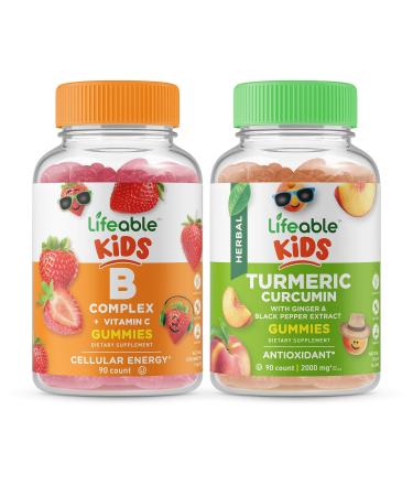 Lifeable B Complex Kids + Turmeric Curcumin Kids Gummies Bundle - Great Tasting Vitamin Supplement Gluten Free GMO Free Chewable Gummy