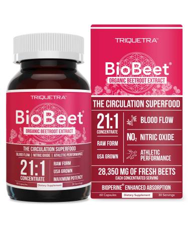 BioBeet Max Strength Beet Root Capsules - 21:1 Concentrate, Each Serving Derived from 28,350 mg Organic Beetroot - Absorption Enhancement with BioPerine Black Pepper Extract (60 Capsules)
