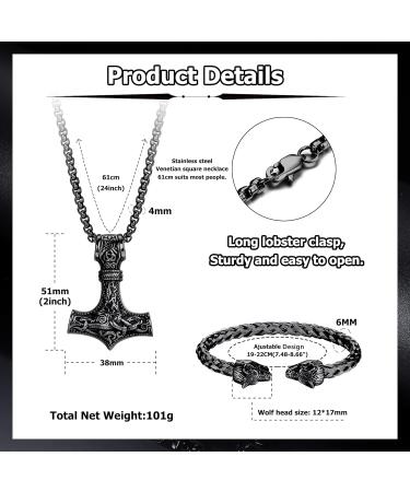 Jewebella Thor's Hammer Necklace & Viking Wolf Head Bracelet Set for Men | Mjolnir Stainless Steel Jewelry - Buy Online on GoSupps.com