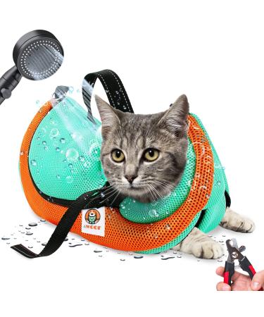 AWOOF Cat Grooming Bag Adjustable Bathing Anti Scratch Bite Restraint Sling Durable Mesh Shower for Small Medium Large Cats Nail Trimming Ear Cleaning Medicine Taking GREEN