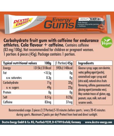 Dextro Energy Cola + Caffeine Energy Gums - Pocket Size for Active Lifestyle | Vegan | 8 x 45g - Buy Online on GoSupps.com