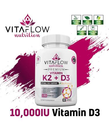 VITAFLOW Nutrition Vitamin K2 and D3 Supplements - 60 Capsules | Supports Better Calcium Absorption and Cardiovascular Health | 30 Day Supply - Buy Online on GoSupps.com