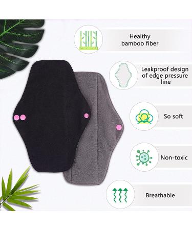 Rovtop 10 Pcs Reusable Black Cloth Menstrual Pads with Bamboo Charcoal Layer - Washable Sanitary Napkins in 4 Sizes + Mini Waterproof Bag - Buy Online on GoSupps.com