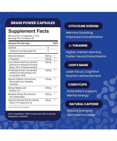 Troomy Brain Power Supplement - Enhance Focus & Memory with Citicoline Lion's Mane & Cordyceps | 60 Capsules for Optimal Brain Function - Buy Online on GoSupps.com
