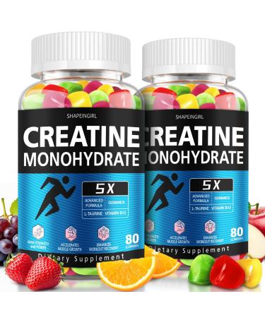 SHAPEINGIRL Creatine Gummies for Men & Women - Creatine Monohydrate Gummies 5g 4 Flavors (Apple/Strawberry/Grape/Orange) 2 Bottles (160 Counts Total)