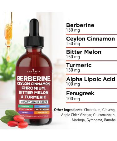 Berberine with Ceylon Cinnamon Supplement Liquid Drops + Bitter Melon Extract Glucomannan Gymnema Chromium Turmeric Panax Ginseng Moringa- 8 OZ 8 Fl. Oz (Pack of 4) - Buy Online on GoSupps.com