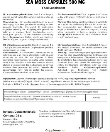 Cupplement 60 Seamoss Capsules Organic - 500 MG Capsule - Superfood - Supplements - Nutrition - Gel Powder Gummies Irish Moss - Seafoam - Minerals - Seaweed - Seamoss - Marine - Buy Online on GoSupps.com