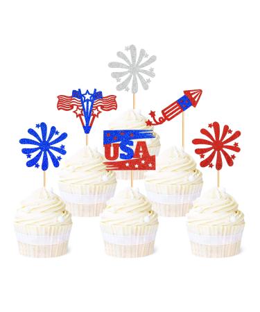 Ercadio 36 Pack Independence Day Cupcake Toppers Firework Star USA Patriotic Cupcake Picks Happy 4th of July Cake Toppers American National Independence Day Theme Party Cake Decor Supplies Pattern 4