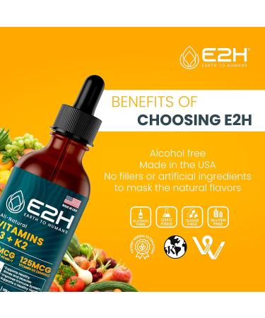 E2H EARTH TO HUMANS Vitamin D3 & K2 Supplement for Immune Support - Liquid Vitamin D3 5000 IU - Made in The USA | Non-GMO Vegan - (2 Bottles) 1 Fl Oz (Pack of 2) - Buy Online on GoSupps.com
