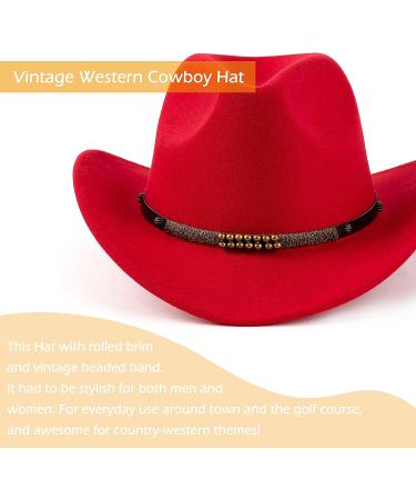 EOGIMI Western Cowboy Hat for Women Men - Red Felt Wide Brim Panama with Belt Buckle Bead Band (Medium) - Buy Online on GoSupps.com