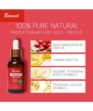 Rosehip Vitamin C Face Oil with Turmeric - 100% Natural Hydrating & Brightening Facial Oil | Cold Pressed Rosehip Oil 1oz/30ml - Buy Online on GoSupps.com