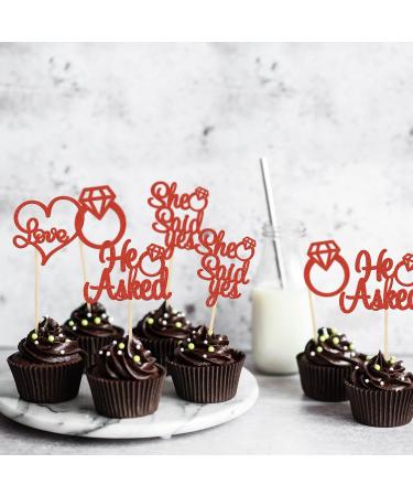 Gyufise 24 Pieces Red Glitter Engagement Cupcake Toppers He Asked She Said Yes Diamond Ring Heart Cupcake Picks for Wedding Bridal Shower Party Cake Decorations - Buy Online on GoSupps.com