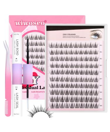 wiwoseo DIY Lash Extension Kit Cluster Lashes Kit Individual Eyelashes with Bond and Seal Lash Glue Russian Lashes Cluster Eyelash Extension Kit for Self Application at Home X-cluster lashes kit 14MM