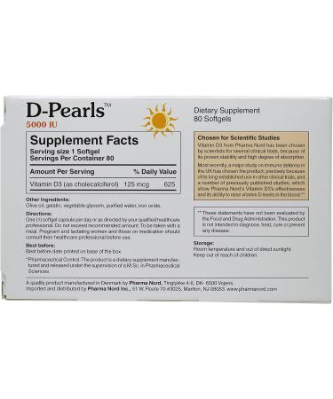 Pearls Vitamin D3 5000 IU | Easy-to-Swallow Immune Support Supplement | Cold-Pressed Olive Oil | 80 Softgels - Buy Online on GoSupps.com