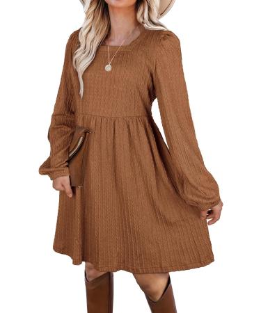 Aokosor Long Sleeve Knit Dress XL Caramel - Square Neck Babydoll Dress - Buy Online on GoSupps.com