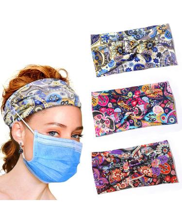 3 Pcs Non Slip Women Headbands With Buttons Silk Boho Extra Wide Floral Headband Stretch Knotted Headbands For Nurses Girls Yoga Sports Outdoor Activities