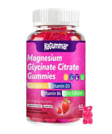 Magnesium Glycinate Gummies for Women High Absorption Magnesium Glycinate- Sugar Free Vegan Gummies for Adults with Vitamin D3 Zinc - Sleep Stress Bone & Memory Support - 60 Count Raspberry