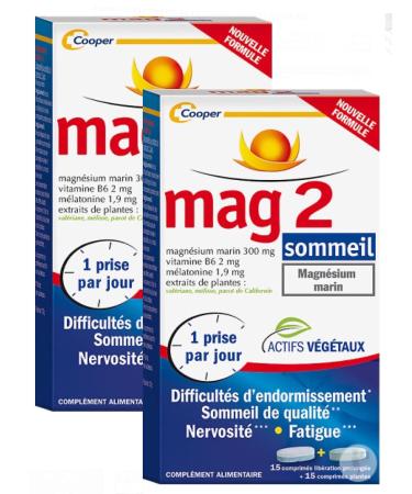 Mag 2 Sleep Pack 1 Month – New Formula – Difficulties with Sleeping, Nervousness, Fatigue – Pack of 2 (15 comp LP + 15 Comp. Plants)